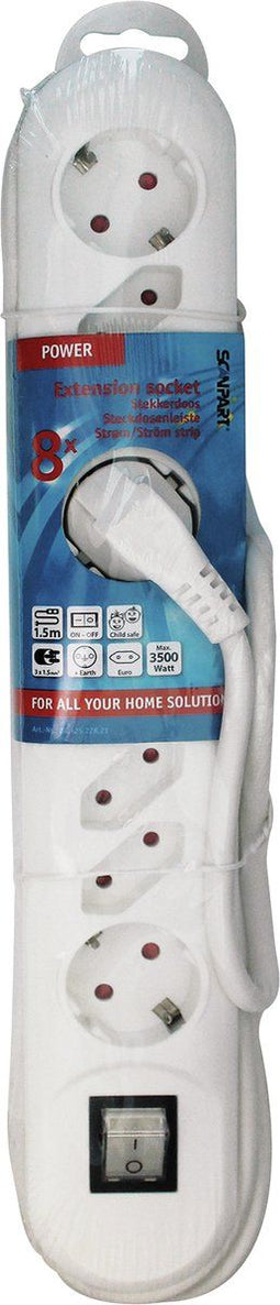 Scanpart stekkerdoos 8 voudig met schakelaar 1.5 meter - 4 randaarde + 4 euro aansluitingen - Stekkerblok met randaarde - Wit