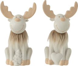 J-Line kerstfiguren Hertjes - ski zittend - polyresin - wit/beige - large - 2 stuks