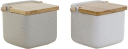 Zoutvaatje met deksel Home ESPRIT Wit Beige Natuurlijk Bamboe Dolomite 15 x 12 x 11 cm (2 Stuks)