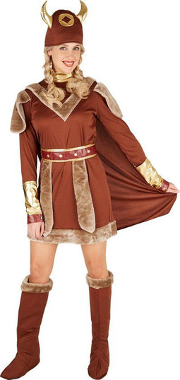 dressforfun - Vikingleidster S - kostuum jurk met cape riem hoed laarskappen bruin - 301354