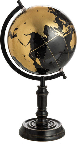 J-Line wereldbol Op Voet - hout - zwart/goud - medium