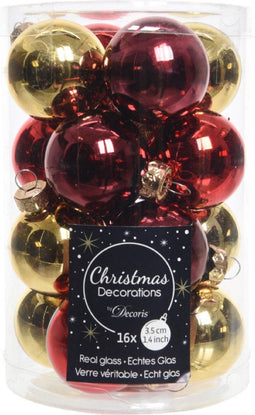 Kerstbal glas d3.5 cm rood/goud 16st kerst