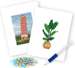 Rubye® Mini Diamond Paintings - Schilderen op Nummer - Toren van Pisa & Kamerplant - 15x20cm (2 stuks)