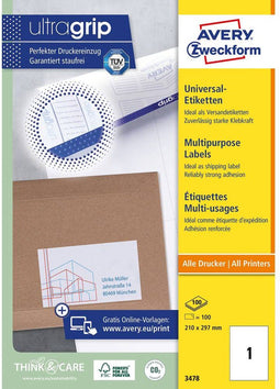 Avery 3478 - Multi-Function Labels - 210x297mm - 100 etiketten (100 vellen)