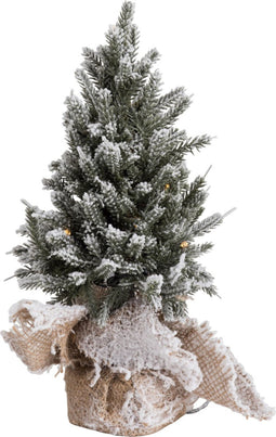 J-Line decoratie Kerstboom Besneeuwd + pot - jute/kunststof - groen - extra small - LED lichtjes