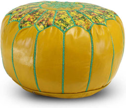 Safaary - Marokkaanse Poef Leer Geel-Groen Rond