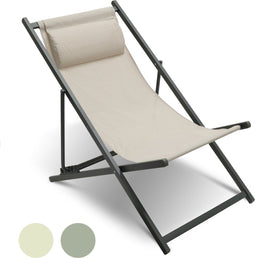Niceey Ligstoel Opvouwbaar met Hoofdsteun - Strandstoel Inklapbaar - Campingstoel - Strandstoel - Tuin - Beige