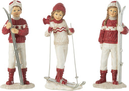 J-Line figuur Meisjes En Jongen Ski - polyresin - wit/rood - 3 stuks