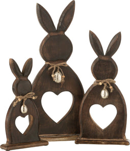 J-Line decoratie Konijn Hart + Ei - hout - donkerbruin - large - paasdecoratie