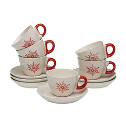 Versa Yule - Set van 6 koffiekopjes met schotel - Keramiek - Wit en Rood (set van 6)