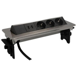 uniTEC Inbouwstekkerdoos - Horizontaal Uitschuifbaar - 3 Schuko-stopcontacten + 2 USB-poorten - Zilver/Zwart