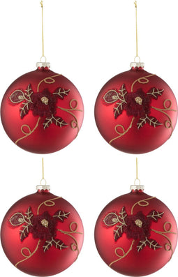 J-Line kerstbal Bloem - glas - rood - small - doos van 4