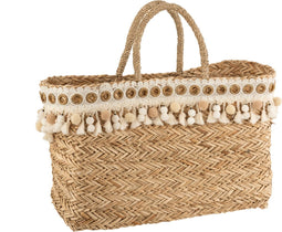 J-Line strandtas Kwastjes Ecru - katoen/riet - naturel