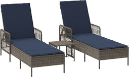 vidaXL - Ligbedden - 2 - stuks - met - Kussens - en - Tafel - Grijs - Poly - Rattan