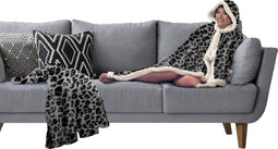 Linnick Flanel Fleece Deken + Hoodie met Capuchon Leopard - black/white - 140x200cm - 130x180cm - Plaid