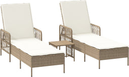 vidaXL - Ligbedden - 2 - stuks - met - Kussens - en - Tafel - Beige - Poly - Riet