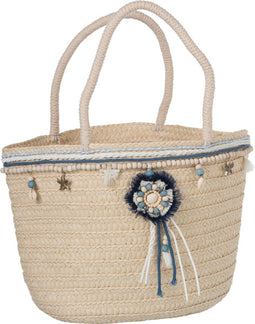 J-Line strandtas Parels Kwast - katoen/linnen - blauw/ecru