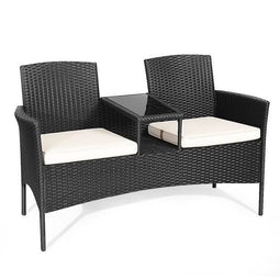 Coast Tuinbank - Terrasbank voor 2 personen met ingebouwde tafel - PE rotan zwart/wit - 138 x 62 x 85 cm