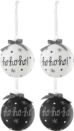 J-Line kerstbal Hoho+ Sneeuwvlokken + Boog - glas - zwart/wit - large - doos van 4