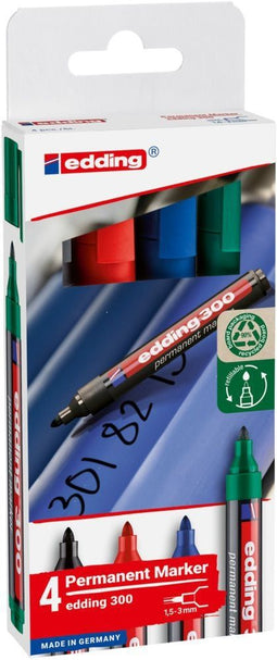 edding 300 permanent marker set met 4 kleuren - zwart, rood, blauw, groen - ronde punt 1,5-3 mm - geschikt voor vele ondergronden - navulbaar