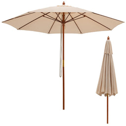 Coast Ronde Terrasparaplu Beige Ø283 x 252,5 cm – Houten Marktparaplu met 8 Glasvezelribben