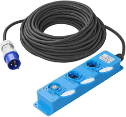 ProPlus CEE 3-weg Stekkerdoos - 20 Meter - 2x Schuko + 1x2-USB - Blauw