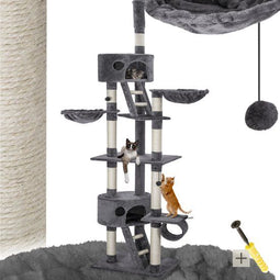 tectake® Kattenkrabpaal XXL - Plafondhoog 243-260cm - 2 Huisjes 2 Trappen 2 Speelballen - Grijs