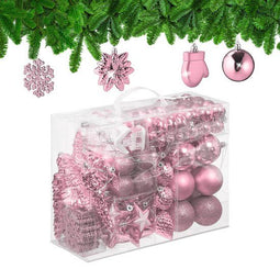 Kerstballen set van 100 - kunststof - mat glanzend glitters - 10 designs - roze (100 stuks)