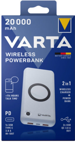 Varta Wireless Power Bank 20.000 mAh - Draadloos en bedraad opladen - 2 USB poorten