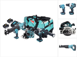 Makita 5-in 1 accu combiset, schroefboor, cirkelzaag, reciprozaag, haakse slijper, zaklamp 18 Volt 5,0 Ah