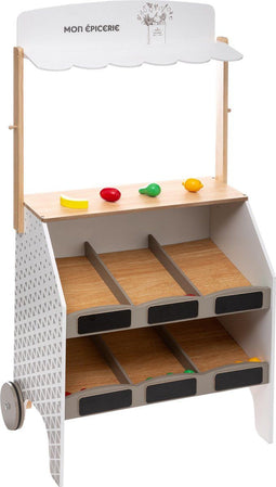 Supermarkt hout met 2 legplanken en 12 stukken fruit - winkeltje spelen - speelgoed - duurzaam speelgoed - Met 2 wielen