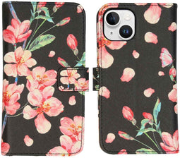 iMoshion Hoesje Geschikt voor iPhone 15 Hoesje - iMoshion Design Softcase Bookcase - Zwart / Blossom Watercolor Black