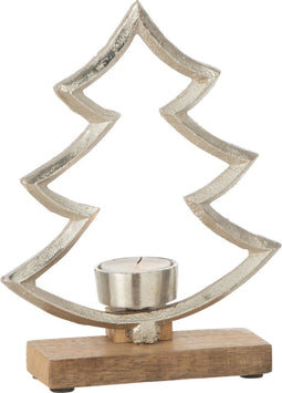 J-Line kaarshouder Dennenboom op voet - hout/aluminium - zilver - small
