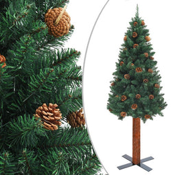 vidaXL - Kerstboom - met - echt - hout - en - dennenappels - smal - 210 - cm - PVC - groen