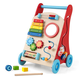 Coast houten loopwagen - duwwagen met opbergruimte en activiteiten - veelkleurig - 33x32 cm