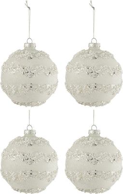 J-Line kerstbal Lijnen Glitter + Parels - glas - wit/zilver - medium - doos van 4