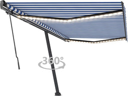 vidaXL - Luifel - handmatig - uittrekbaar - met - LED - 500x350 - cm - blauw - en - wit
