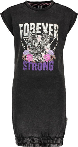 B. Nosy Meisjes Jurk - Sweatjurkje met print - Black denim look - Maat 140
