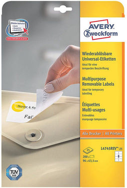 Avery L4745REV-25 - Afneembare Etiketten 96x63,5mm - 200 stuks - Wit