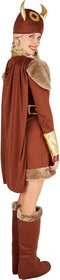 dressforfun - Vikingleidster S - kostuum jurk met cape riem hoed laarskappen bruin - 301354