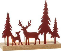 J-Line theelichthouder 3 rendier + kerstboom - hout/metaal/fluweel - dieprood