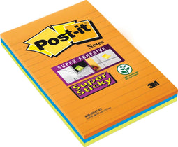 Post-it® Super Sticky Notes, Oranje, Geel,Blauw, Gelijnd, 102mm x 152 mm, 3 Blokken, 45 Blaadjes/Blok