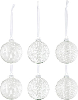 J-Line kerstbal Bladeren Pailletten - glas - wit - small - doos van 6