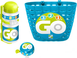 BLAUWE COMBO - Accessoiresset Fiets - Fietsmand 4L Bidon 350ml Fietsbel - Blauw