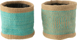 J-Line Mand Rond+Band Jute Naturel/Azuur Medium Assortiment Van 2