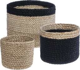 Atmosphera Jute mandenset - bloempot - zwart en naturel - Set van 3 - Opberger - Zeegras