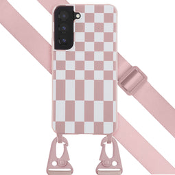 Selencia Hoesje Geschikt voor Samsung Galaxy S22 Hoesje Met Koord - Selencia Siliconen design hoesje met afneembaar koord - Roze / Irregular Check Sand Pink