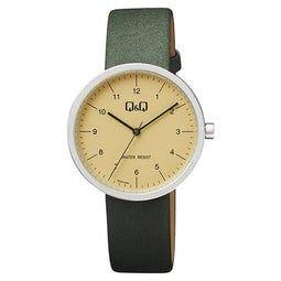Q&Q QC24J325Y - Horloge - Analoog - Heren - Mannen - Leren band - Rond - Metaal - Cijfers - Groen - Zilverkleurig - Crème/Beige - 3 ATM