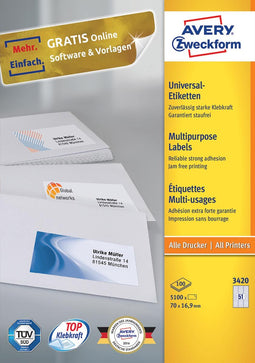 Avery Zweckform 3420, Universele etiketten, Ultragrip, wit, 100 vel, 51 per vel, 70 x 16,9 mm