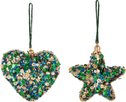 J-Line kersthanger Hart + Ster Pailletten - kunststof - groenblauw - 2 stuks